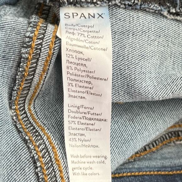 Spanx Distressed Pull-On Skinny Jeans High Rise Raw Hem Medium Blue Wash, Large - Picture 10 of 11
